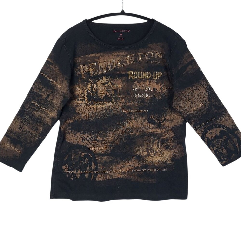 Pendleton Round Up Sequined Top Women's Medium Brown Let em Buck Western Cowgirl